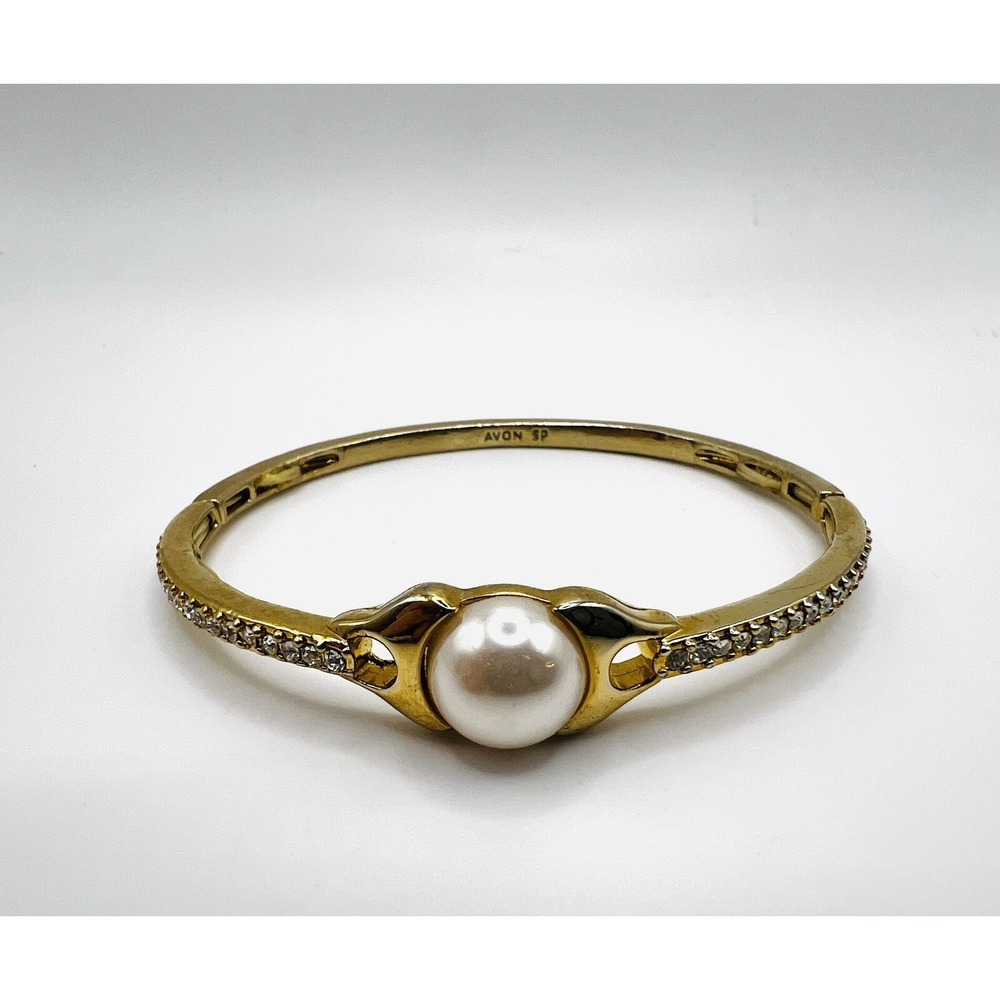 Avon Rhinestone And Faux Pearl Gold Tone Bracelet